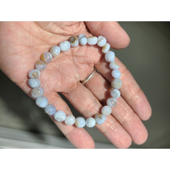 Blue Lace Agate Gemstone Bracelet | 8-12mm Tumbled Crystal Stretch Jewelry - Picture 2 of 7